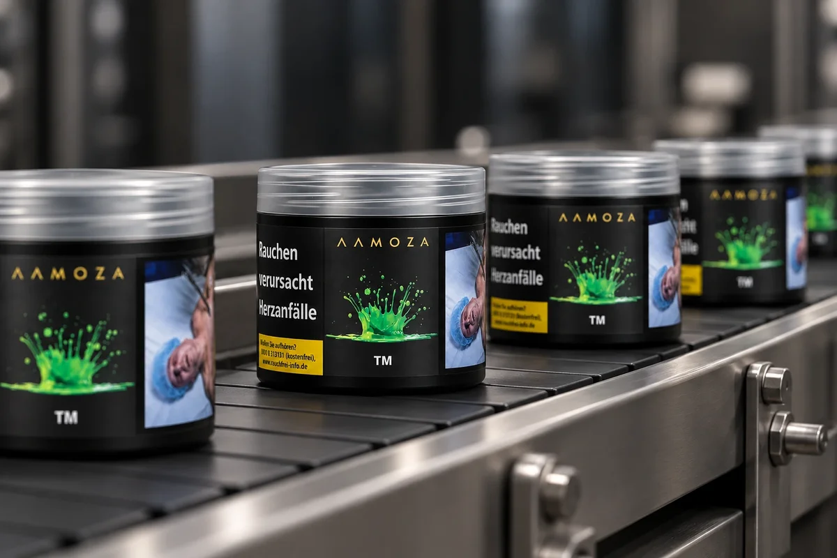 AAMOZA Shisha Tabak Dosen auf einem Förderband in der Produktion