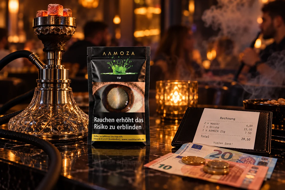 AAMOZA 25 g Packung auf einem Bartisch neben Shisha, Kerze, Rechnung und Euro-Scheinen in einer Shisha-Lounge