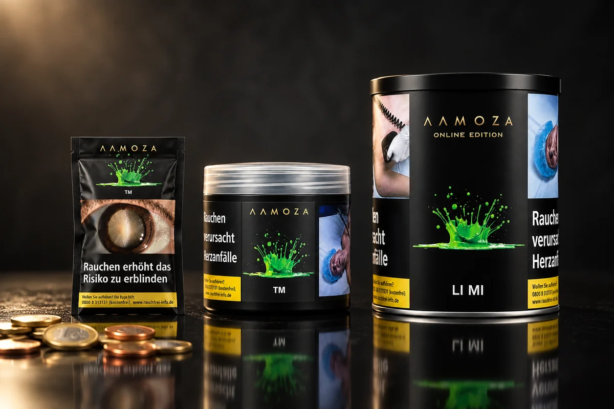 AAMOZA 25 g Packung, 200 g Dose und 1 kg Dose nebeneinander mit Euro-Münzen im Vordergrund
