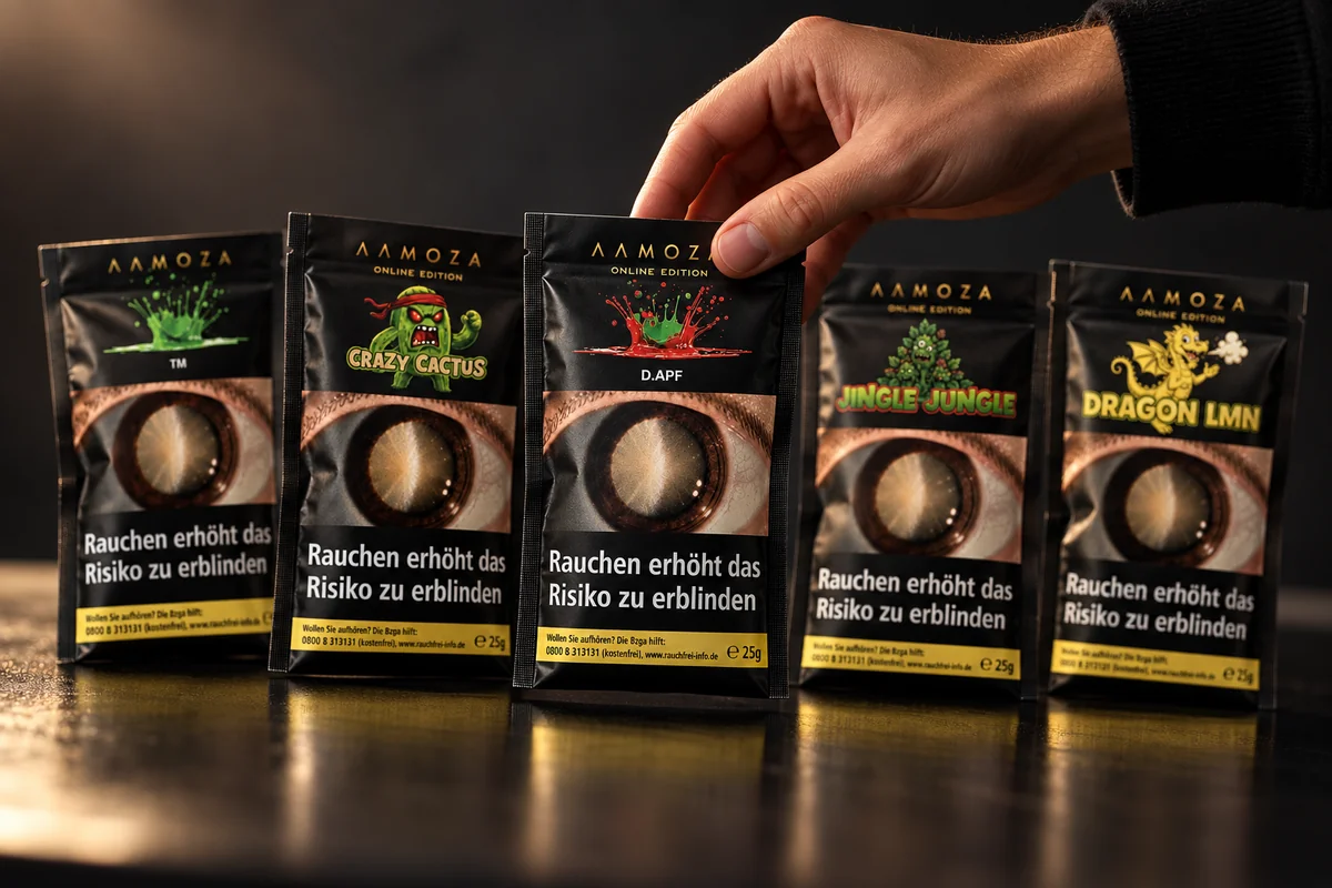 Hand greift eine AAMOZA 25 g Packung D.APF aus fünf aufgereihten Packungen (TM, CRAZY Cactus, Jingle Jungle, Drag on LMN)
